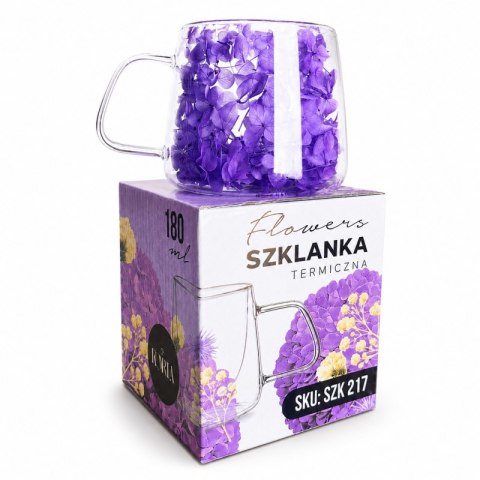Szklanka termiczna z kwiatami w środku, pełna hortensji, niebieski 180 ml 1szt SZK217