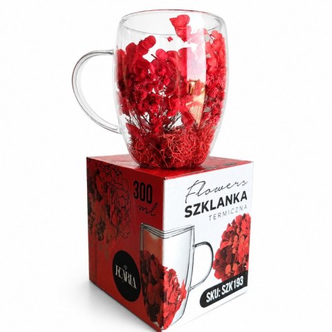 Czerwona szklanka termiczna z kwiatami w środku 300 ml