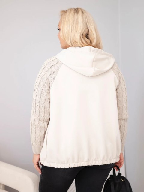 Bluza damska bawełniana Plus Size z dzianinowymi rękawami i kapturem beżowa