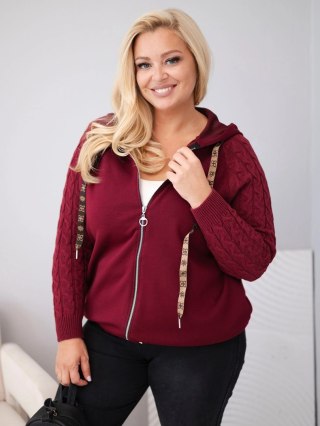 Bluza damska bawełniana Plus Size z dzianinowymi rękawami i kapturem bordowa