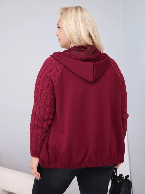 Bluza damska bawełniana Plus Size z dzianinowymi rękawami i kapturem bordowa