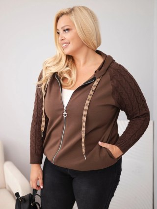 Bluza damska bawełniana Plus Size z dzianinowymi rękawami i kapturem brązowa