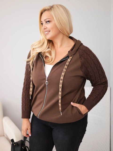 Bluza damska bawełniana Plus Size z dzianinowymi rękawami i kapturem brązowa