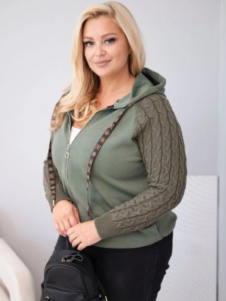 Bluza damska bawełniana Plus Size z dzianinowymi rękawami i kapturem khaki
