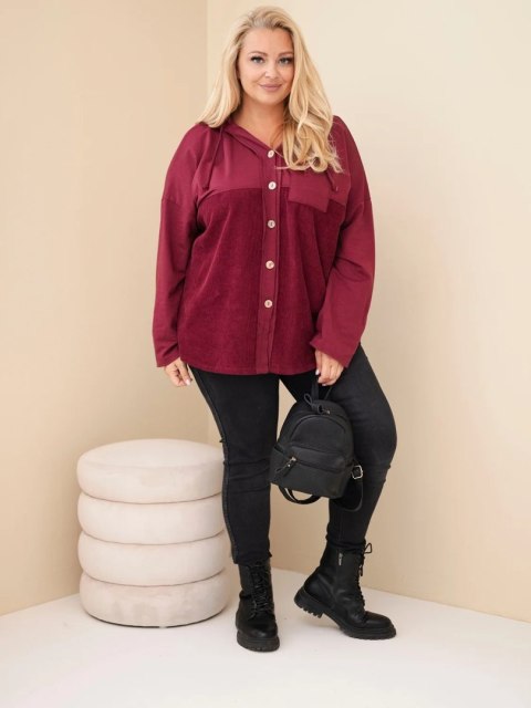 Bluza damska bawełniana Plus Size z kapturem i guzikami bordowa