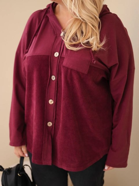 Bluza damska bawełniana Plus Size z kapturem i guzikami bordowa