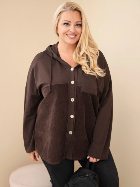 Bluza damska bawełniana Plus Size z kapturem i guzikami brązowa