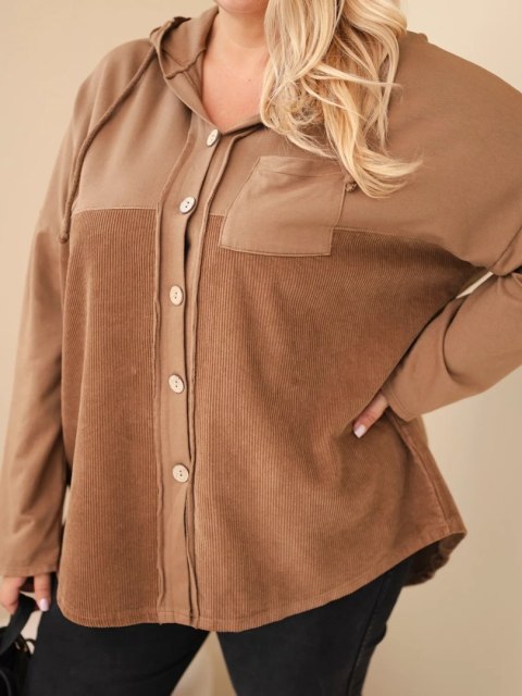 Bluza damska bawełniana Plus Size z kapturem i guzikami camelowa