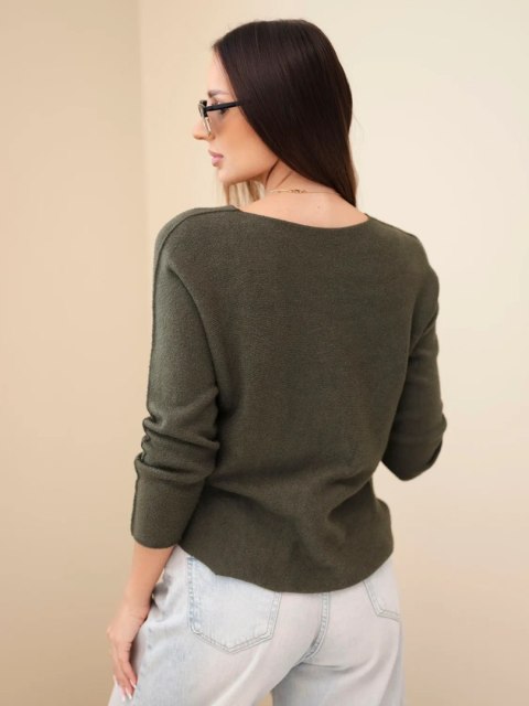 Sweter damska z wiskozą z dekoltem w serek ciemny khaki