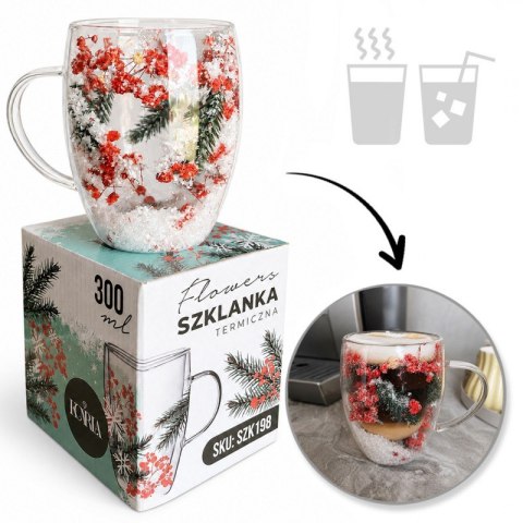 Szklanka termiczna z kwiatami w środku, akcenty świąteczne, śnieg 300 ml 1szt SZK198