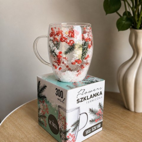 Szklanka termiczna z kwiatami w środku, akcenty świąteczne, śnieg 300 ml 1szt SZK198