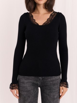 Czarny dopasowany damski sweter w prążek z koronką ITALY MODA