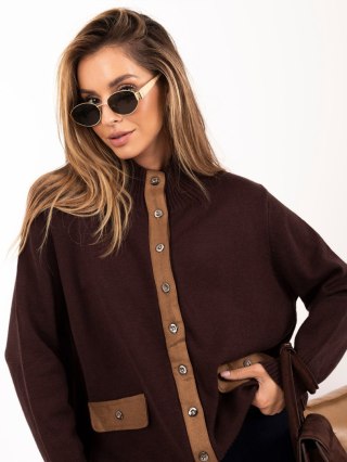 Brązowy kardigan damski ze stójką i zamszowymi wstawkami ITALY MODA