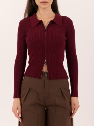 Bordowy sweter damski polo z kołnierzykiem i zamkiem ITALY MODA