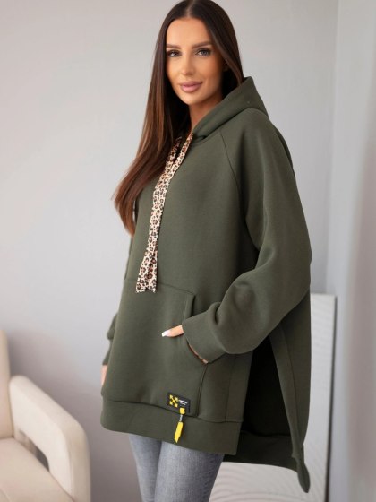 Bluza damska oversize khaki z kapturem i sznurkiem w panterkę