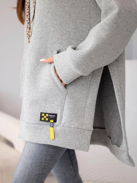 Długa bluza oversize w kolorze szary melanż z kieszenią kangurką