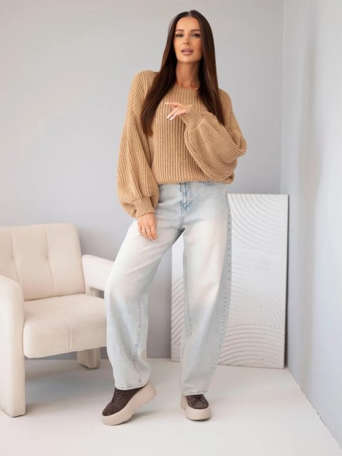 Sweter damski luźny prążkowany z długim rękawem camelowy
