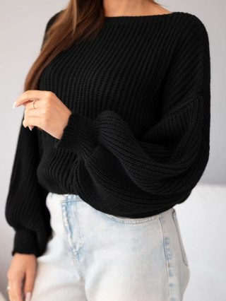 Sweter damski luźny prążkowany z długim rękawem czarny