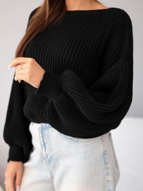Sweter damski luźny prążkowany z długim rękawem czarny