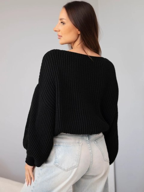 Sweter damski luźny prążkowany z długim rękawem czarny