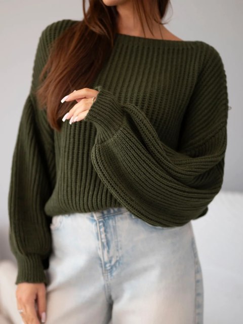 Sweter damski luźny prążkowany z długim rękawem khaki