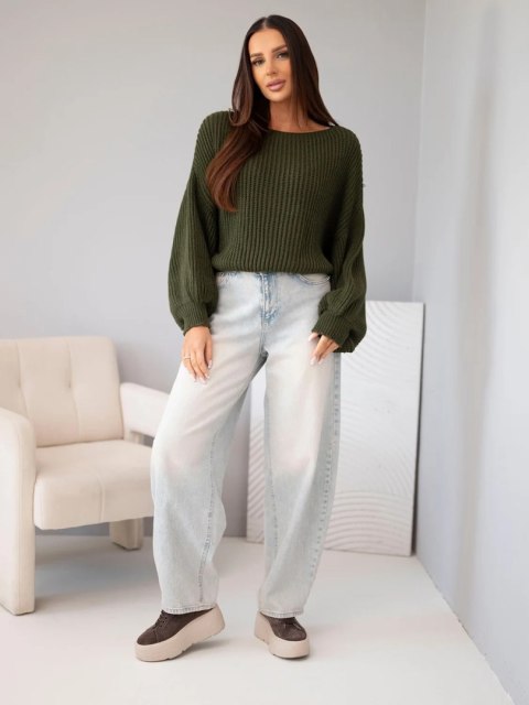 Sweter damski luźny prążkowany z długim rękawem khaki