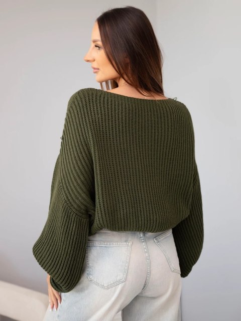 Sweter damski luźny prążkowany z długim rękawem khaki
