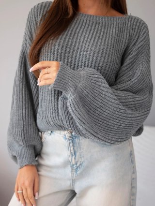 Sweter damski luźny prążkowany z długim rękawem szary