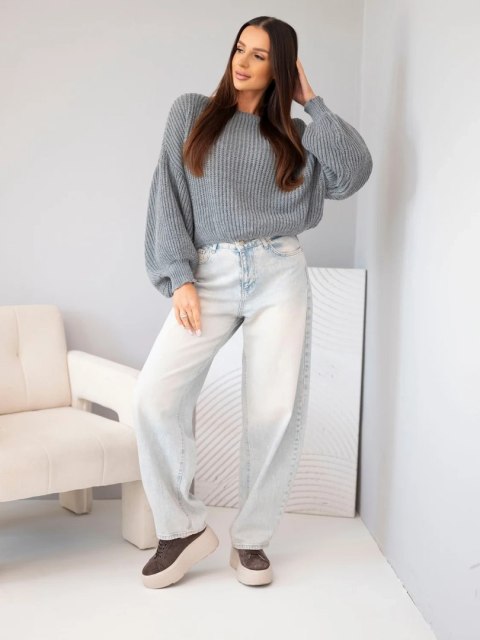 Sweter damski luźny prążkowany z długim rękawem szary