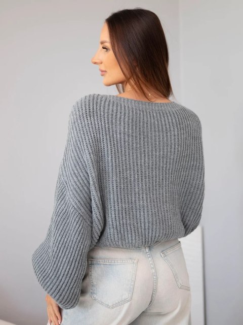 Sweter damski luźny prążkowany z długim rękawem szary