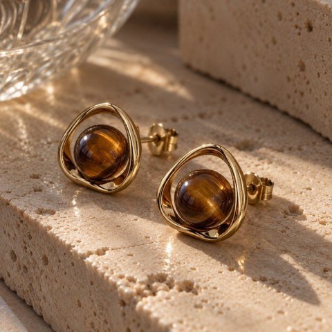 Kolczyki ze stali szlachetnej platerowane 14k złotem, okręgi KULKI TIGER STONE KST3557