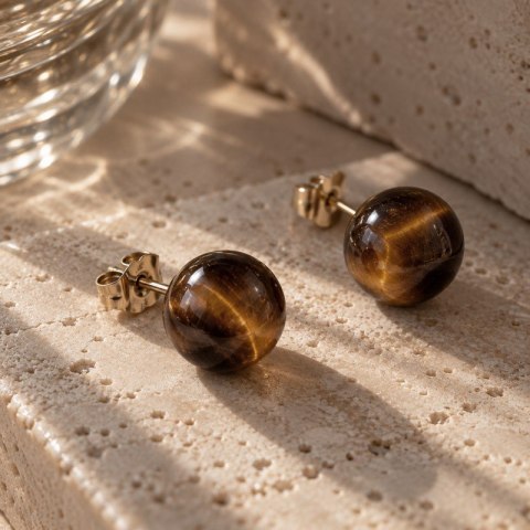 Para kolczyków TIGER STONE z połyskującymi kulkami 12 mm i elementami ze stali szlachetnej pozłacanej 14k
