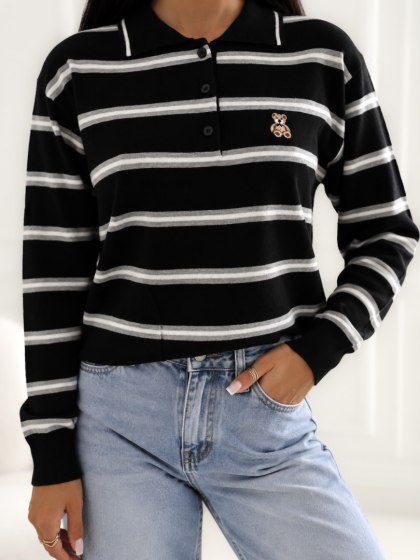 Sweter polo w paski z misiem czarny ITALY MODA