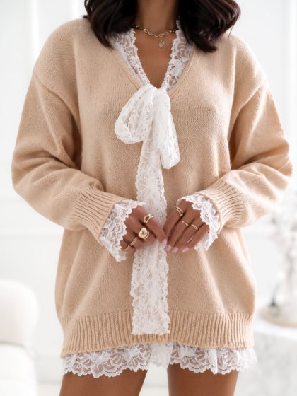 Sweter oversize z koronką beżowy COZY SHELLS