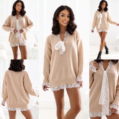 Sweter oversize z koronką beżowy COZY SHELLS