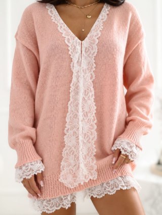 Sweter oversize z koronką jasnoróżowy COZY SHELLS