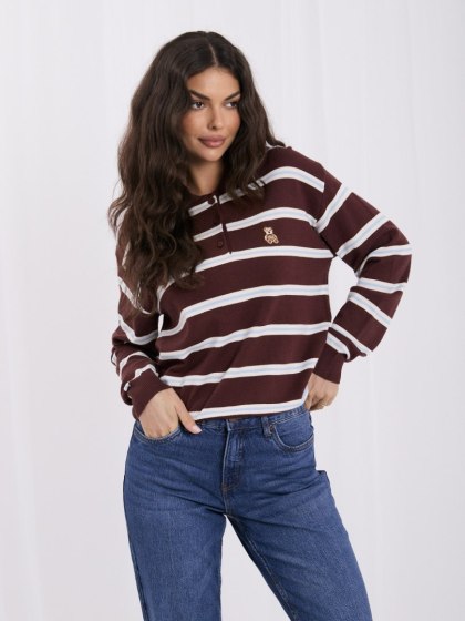Sweter polo w paski z misiem brązowy ITALY MODA