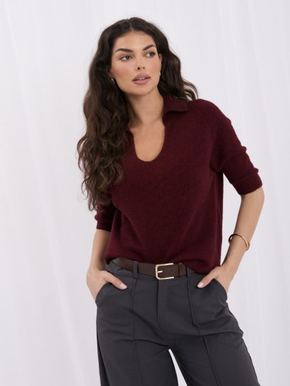 Sweter polo damski bordowy z baby alpaką ITALY MODA