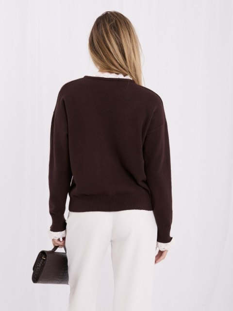 Brązowy sweter one size ITALY MODA IR-SW-QF3051.02 z haftowaną koronką