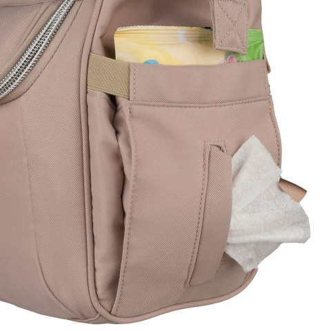 Beżowy plecak mommy-bag wykonany z poliestru, dwukomorowy i zamykany suwakiem - Peterson