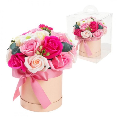 Flower box BUK23 z mydlanymi różami i zielonymi dodatkami dekoracyjnymi