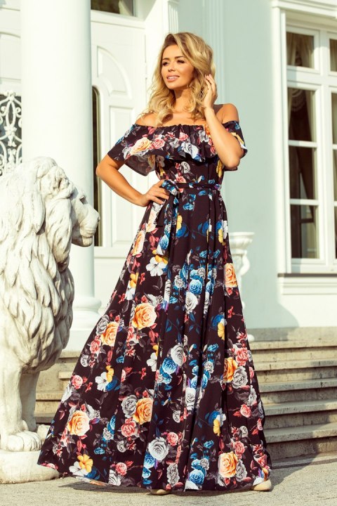 194-3 Długa suknia z hiszpańskim dekoltem - czarna w kolorowe kwiaty - XXL 194-3 Długa suknia z hiszpańskim dekoltem - czarna w kolorowe kwiaty - XXL