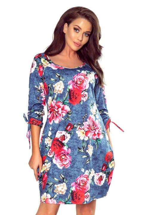 281-2 SOPHIE Wygodna sukienka Oversize - KWIATY NA JEANSIE - L 281-2 SOPHIE Wygodna sukienka Oversize - KWIATY NA JEANSIE - L