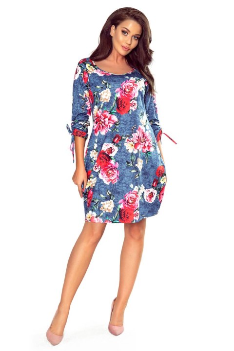 281-2 SOPHIE Wygodna sukienka Oversize - KWIATY NA JEANSIE - L 281-2 SOPHIE Wygodna sukienka Oversize - KWIATY NA JEANSIE - L