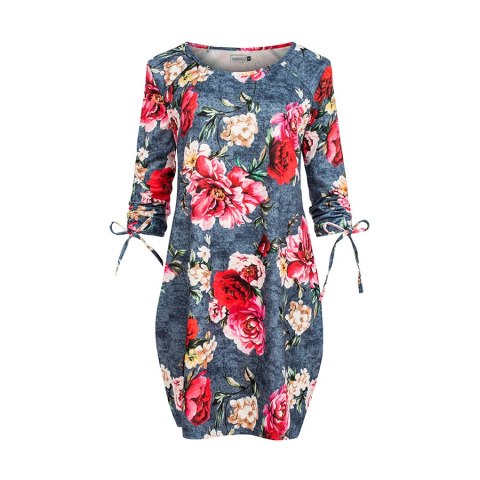 281-2 SOPHIE Wygodna sukienka Oversize - KWIATY NA JEANSIE - L 281-2 SOPHIE Wygodna sukienka Oversize - KWIATY NA JEANSIE - L