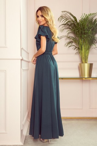 310-1 LIDIA długa sukienka z dekoltem i falbankami - ZIELEŃ BUTELKOWA - XS