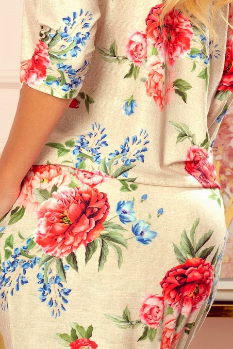 13-121 Sukienka sportowa z kieszonkami - BEŻOWY LEN + CZERWONE KWIATY - S