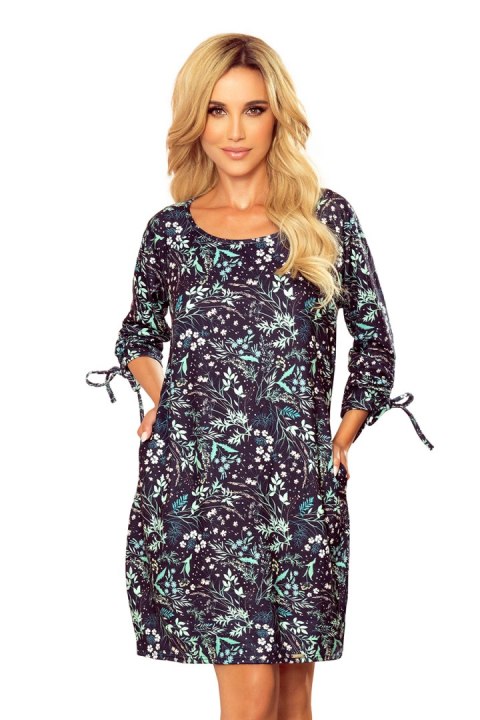 281-4 SOPHIE Wygodna sukienka Oversize - Miętowe liście na ciemnym tle - S 281-4 SOPHIE Wygodna sukienka Oversize - Miętowe liście na ciemnym tle - S