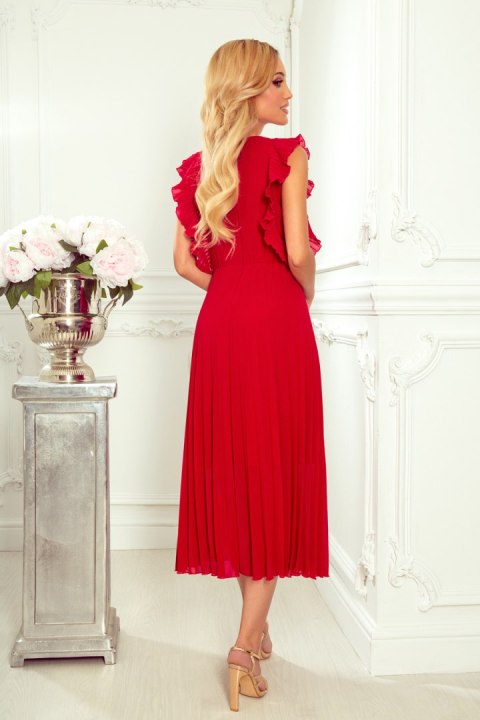 315-3 EMILY Plisowana sukienka z falbankami i dekoltem - CZERWONA - XL 315-3 EMILY Plisowana sukienka z falbankami i dekoltem - CZERWONA - XL