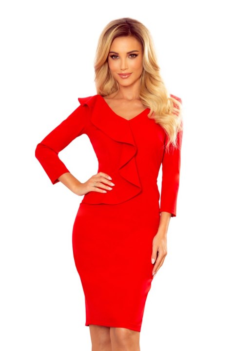 327-2 Elegancka sukienka z falbanką i dekoltem - CZERWONA - M 327-2 Elegancka sukienka z falbanką i dekoltem - CZERWONA - M